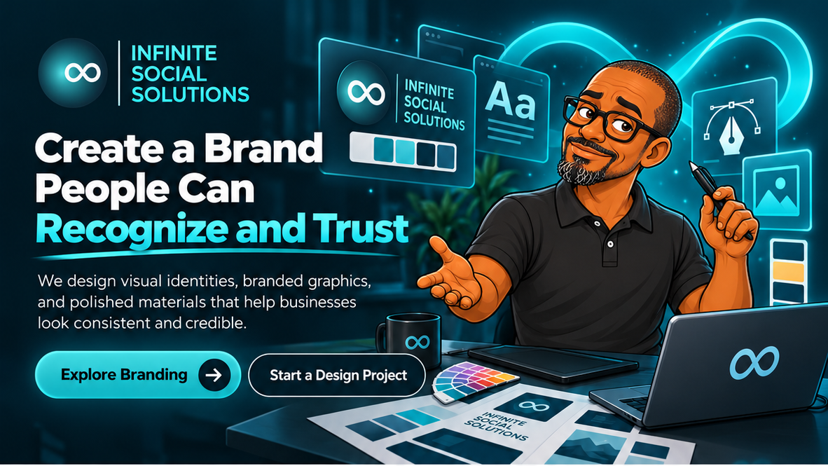 Jon at a design desk presenting branding, typography, color palettes, and graphic design.