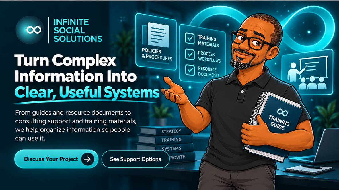 Jon holding a training guide while presenting policies, procedures, process workflows, resource documents, and training materials.