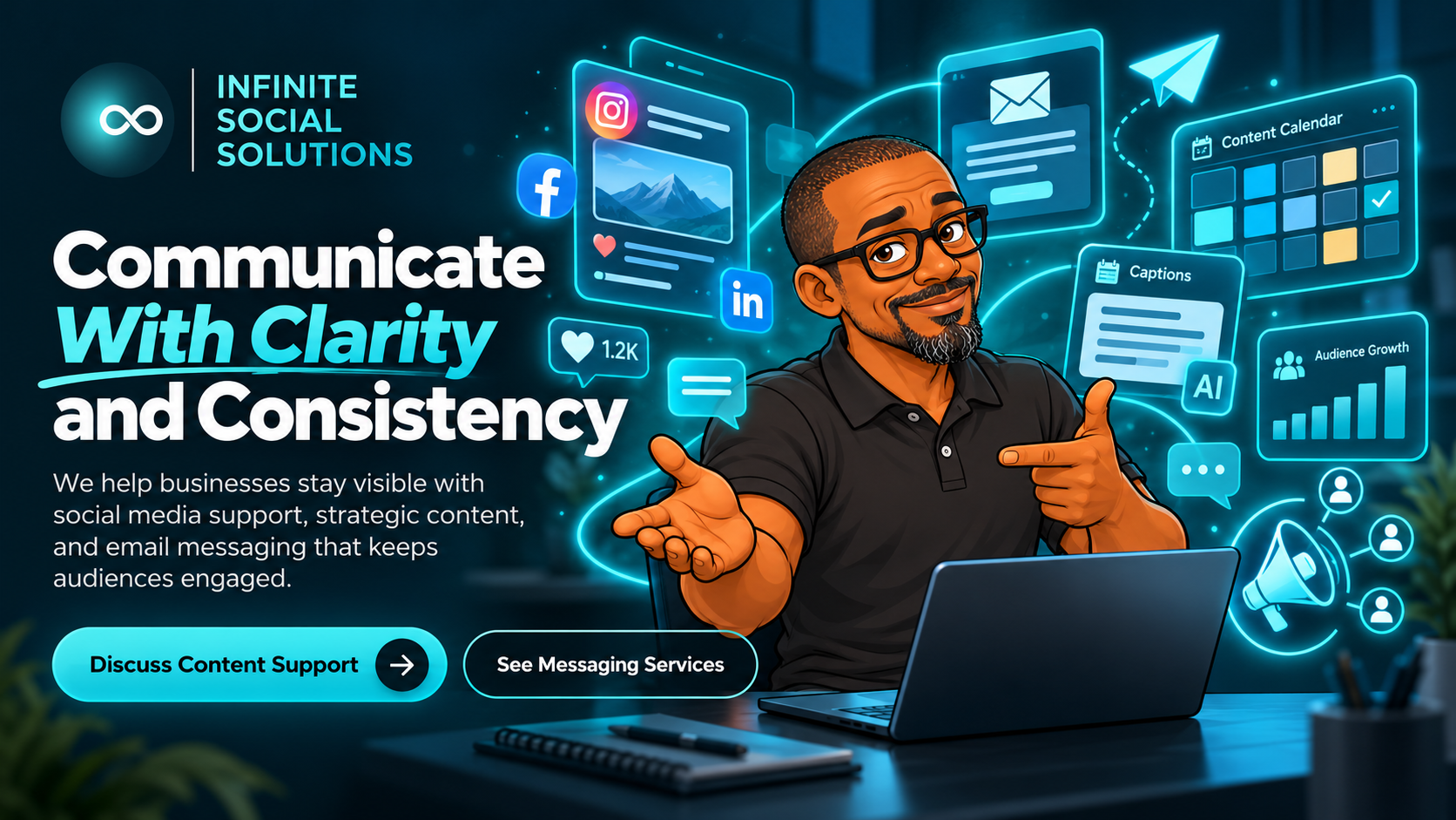 Jon working at a laptop surrounded by social media, email, content calendar, caption, and audience-growth graphics.