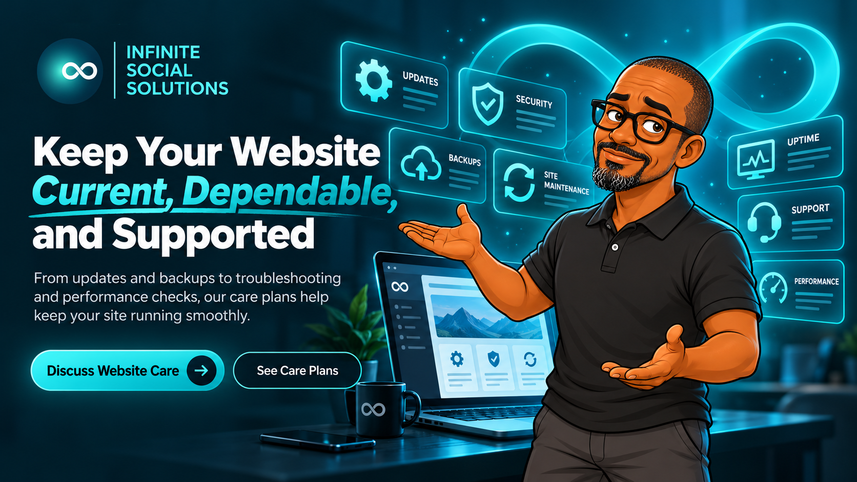 Jon presenting website care services including updates, backups, security, uptime, support, and performance.
